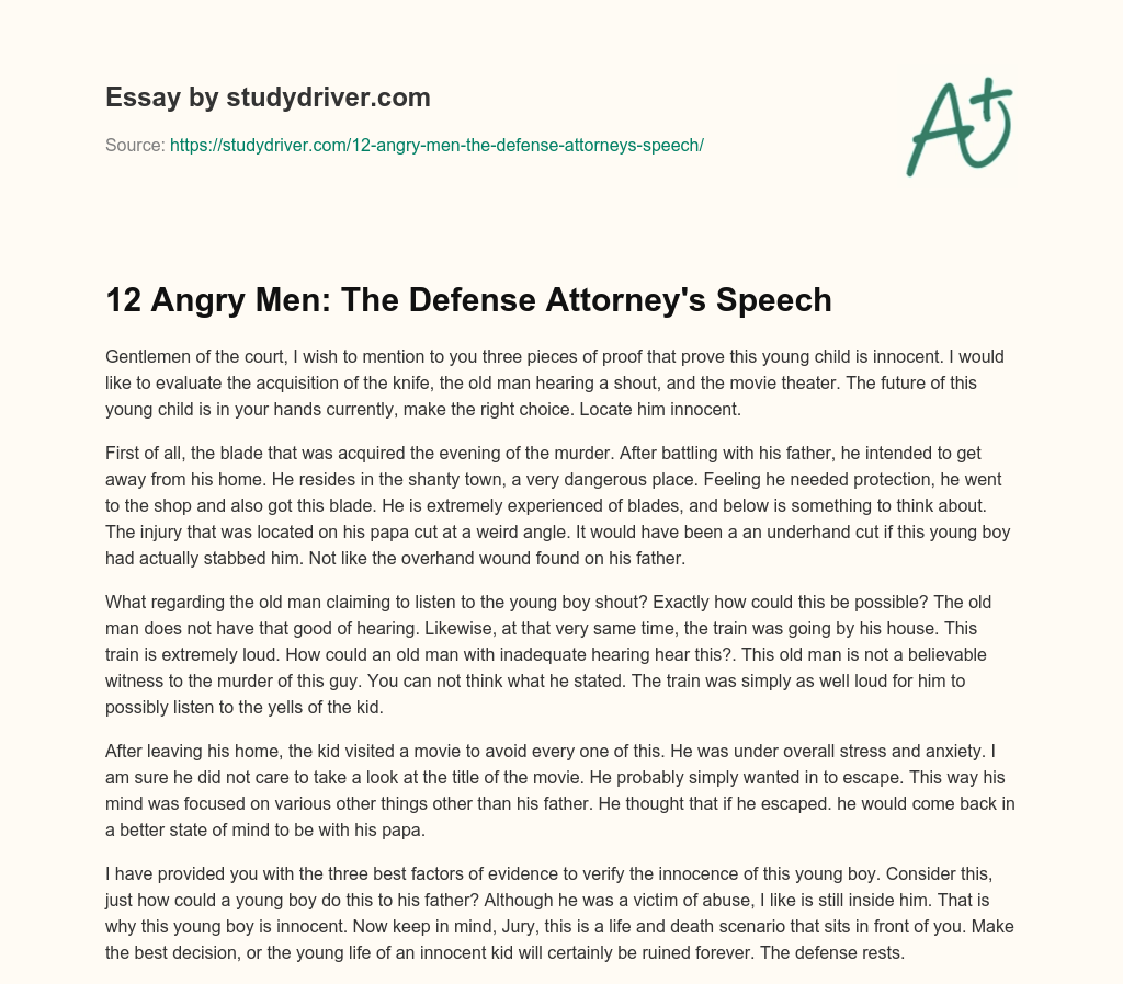 12 Angry Men: the Defense Attorney’s Speech essay