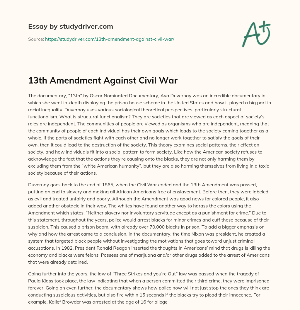 13th Amendment against Civil War essay