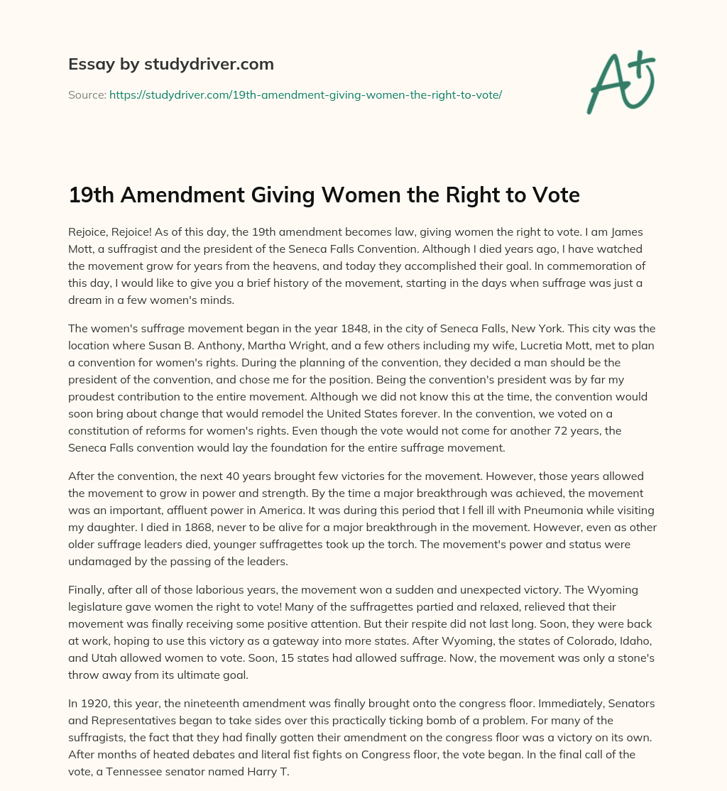 19th Amendment Giving Women the Right to Vote essay