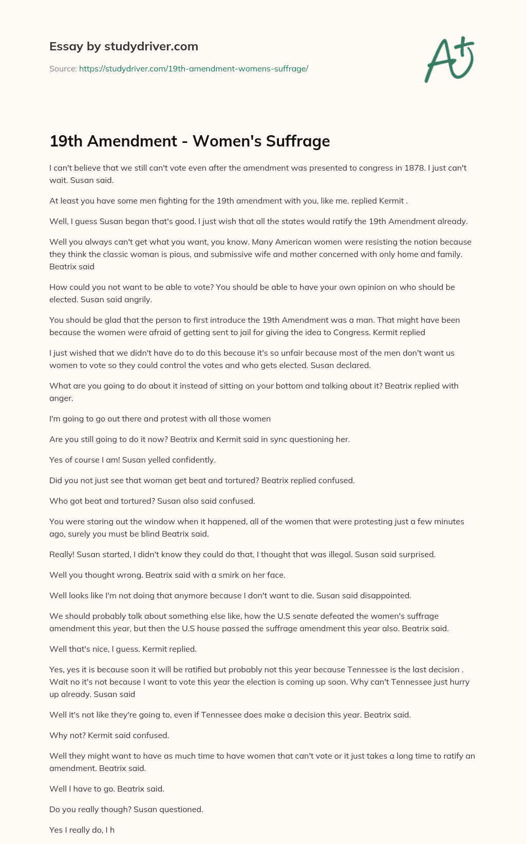 19th Amendment – Women’s Suffrage essay