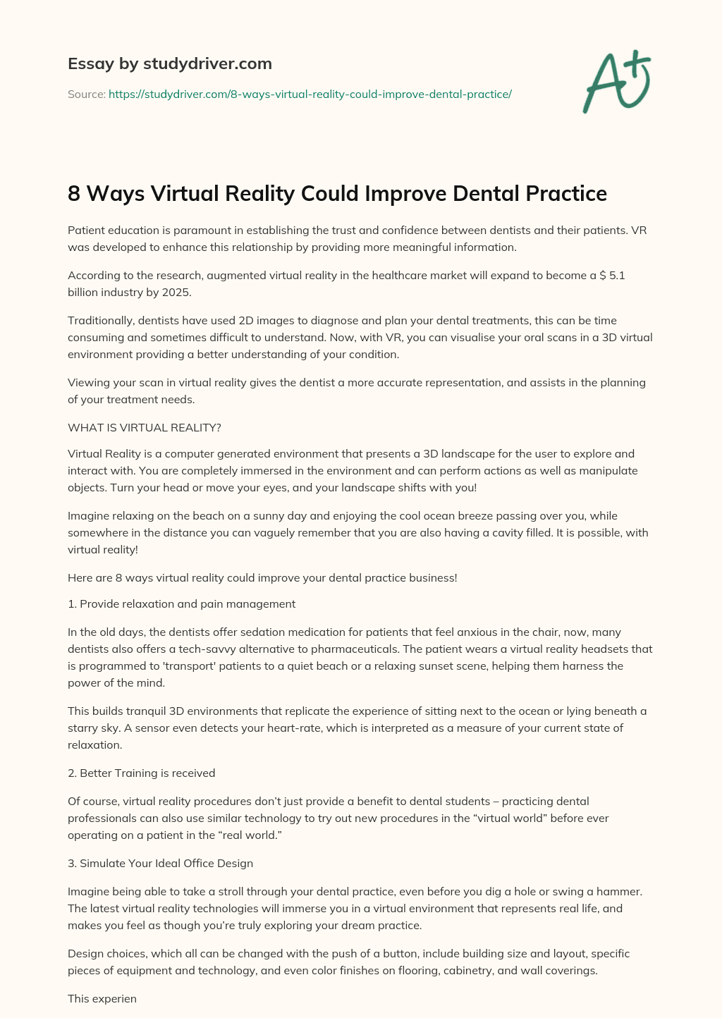 8 Ways Virtual Reality could Improve Dental Practice essay
