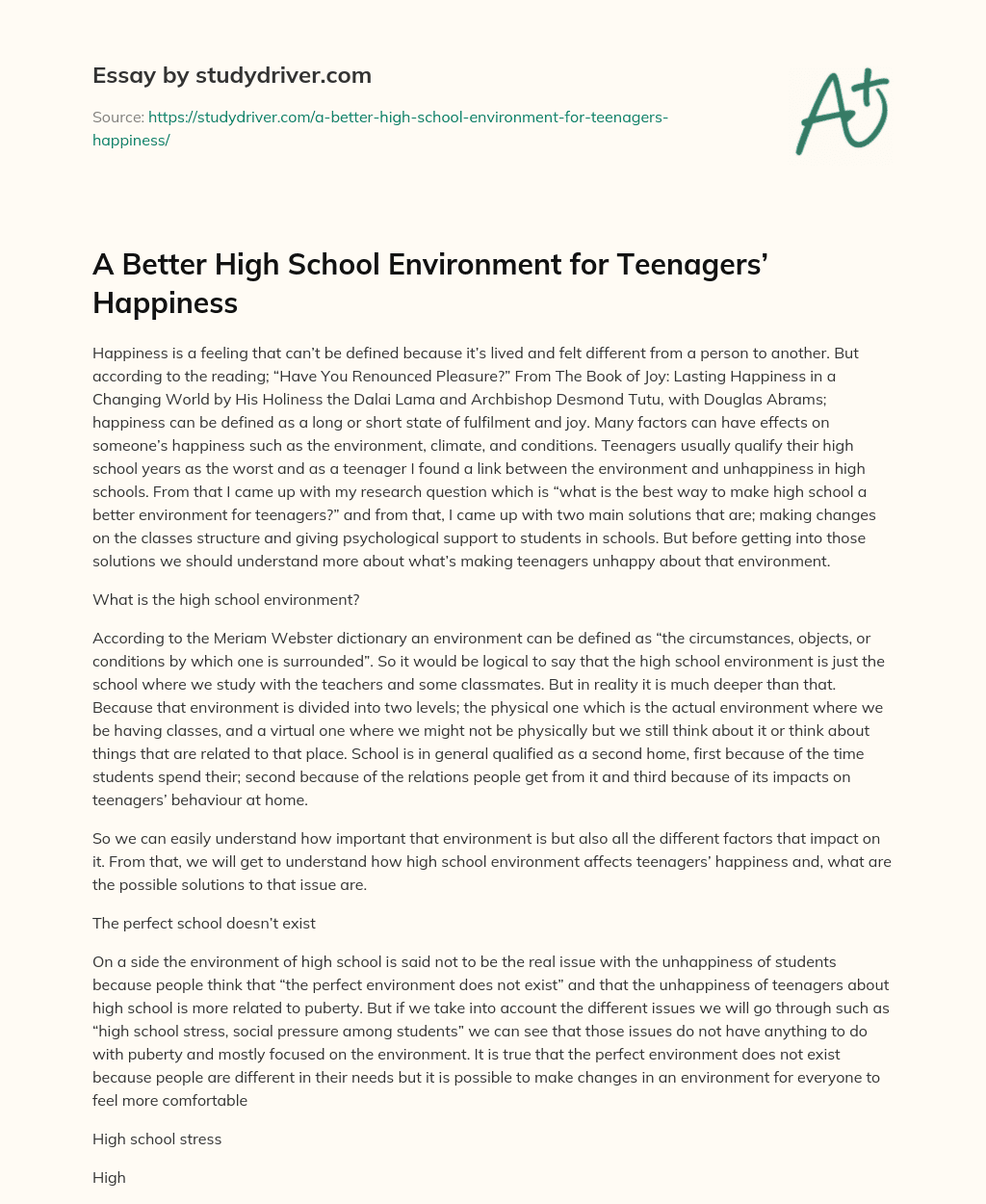 A Better High School Environment for Teenagers’ Happiness essay