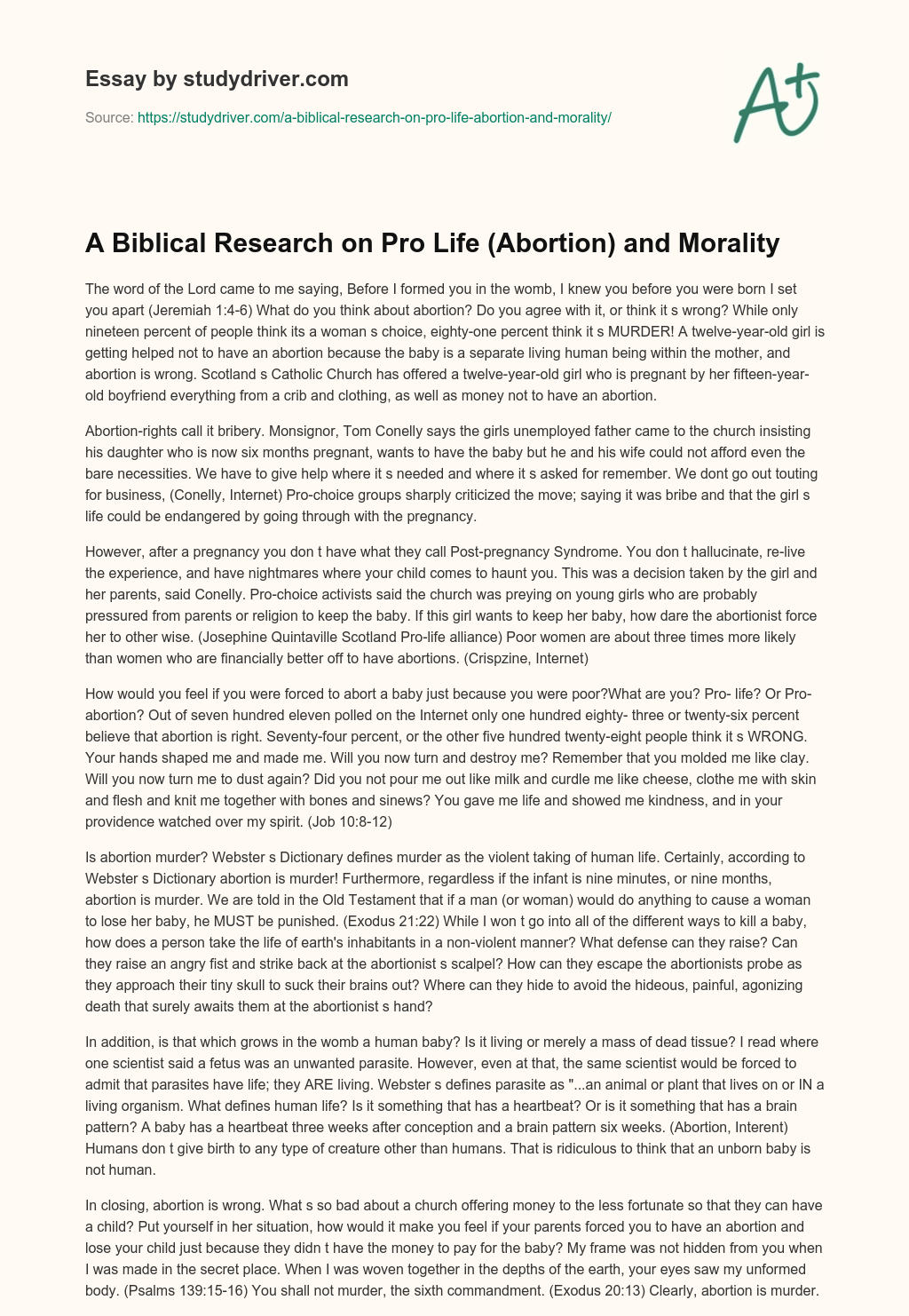 A Biblical Research on Pro Life (Abortion) and Morality essay
