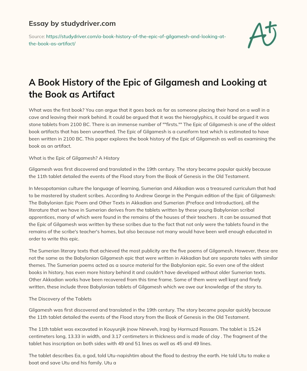 A Book History of the Epic of Gilgamesh and Looking at the Book as Artifact essay