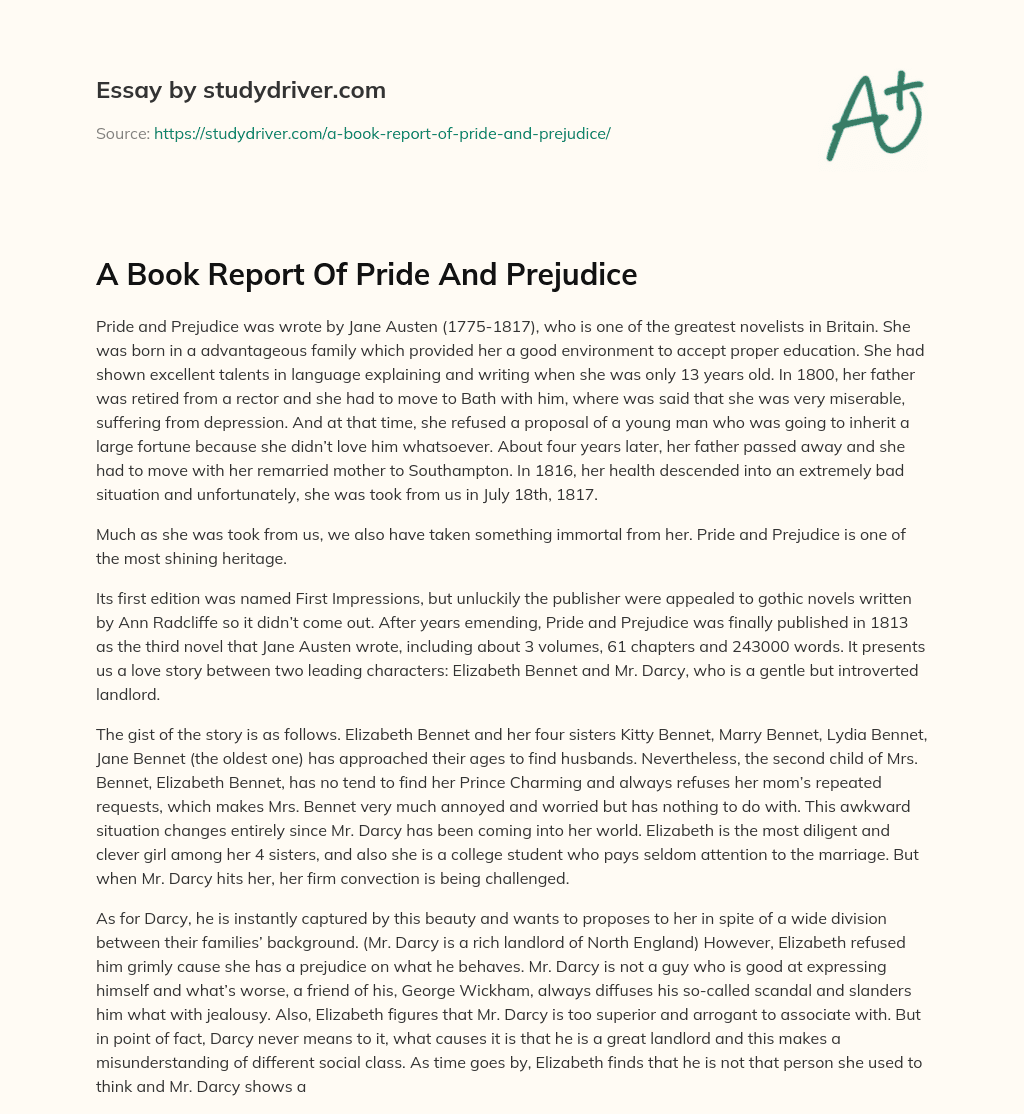 A Book Report of Pride and Prejudice essay