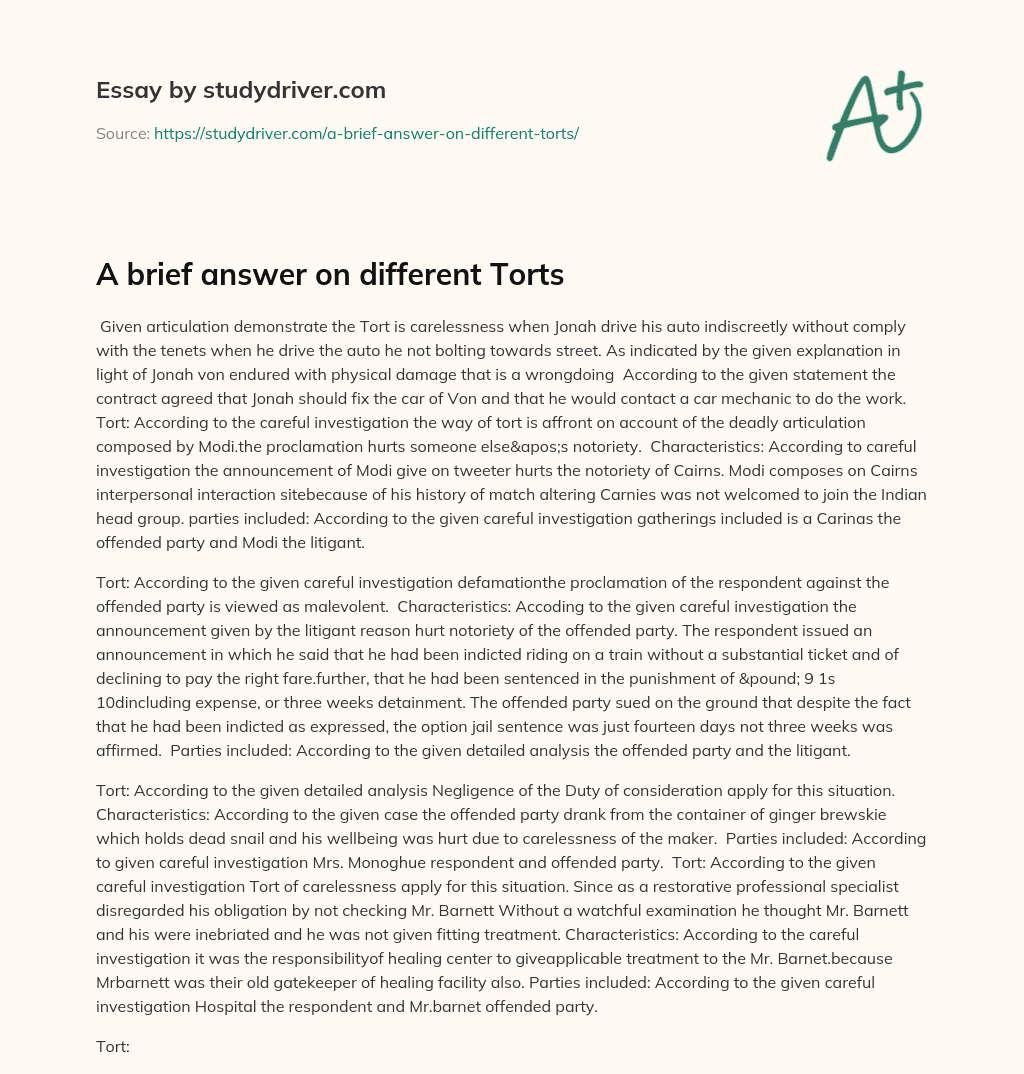 A Brief Answer on Different Torts essay