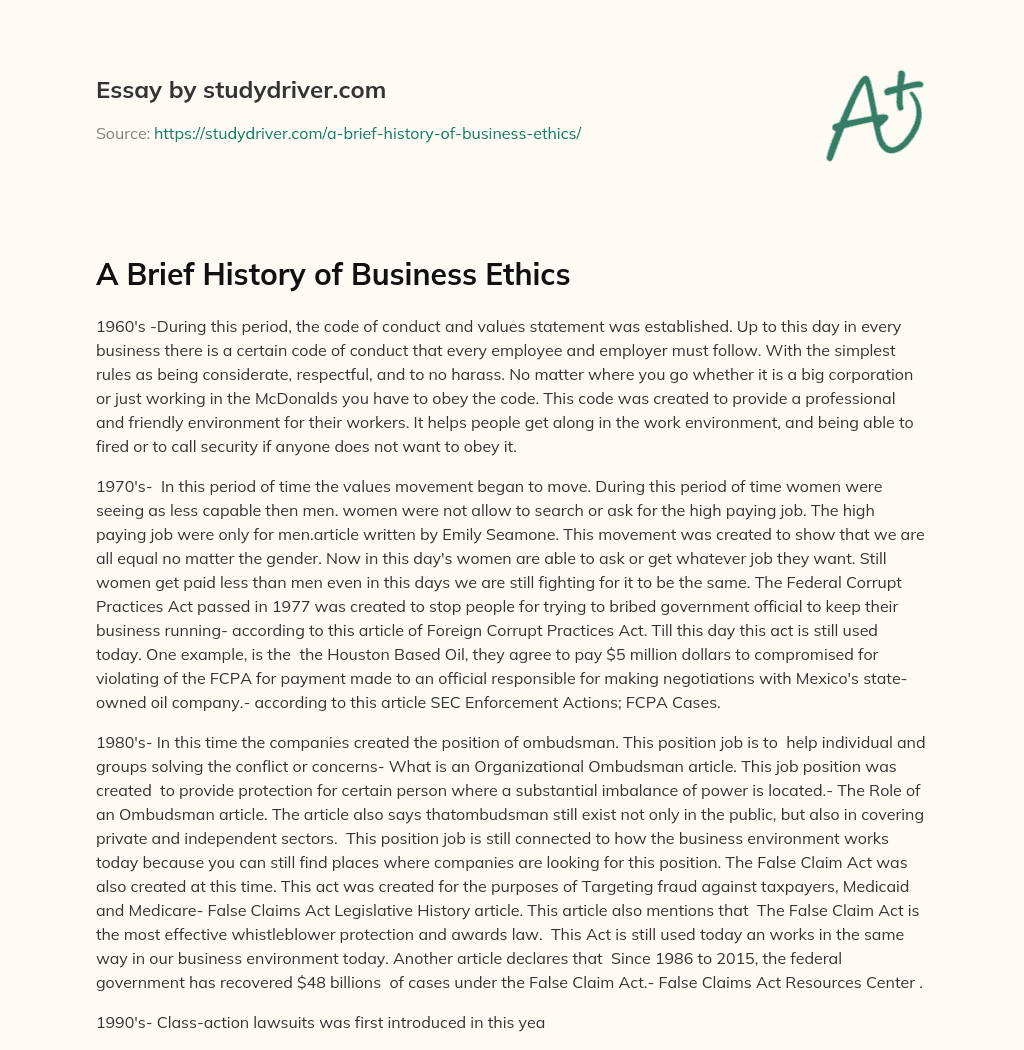 A Brief History of Business Ethics essay
