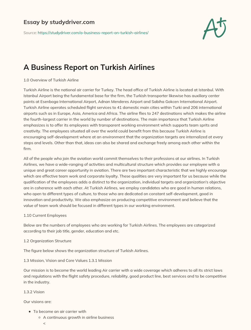 A Business Report on Turkish Airlines essay