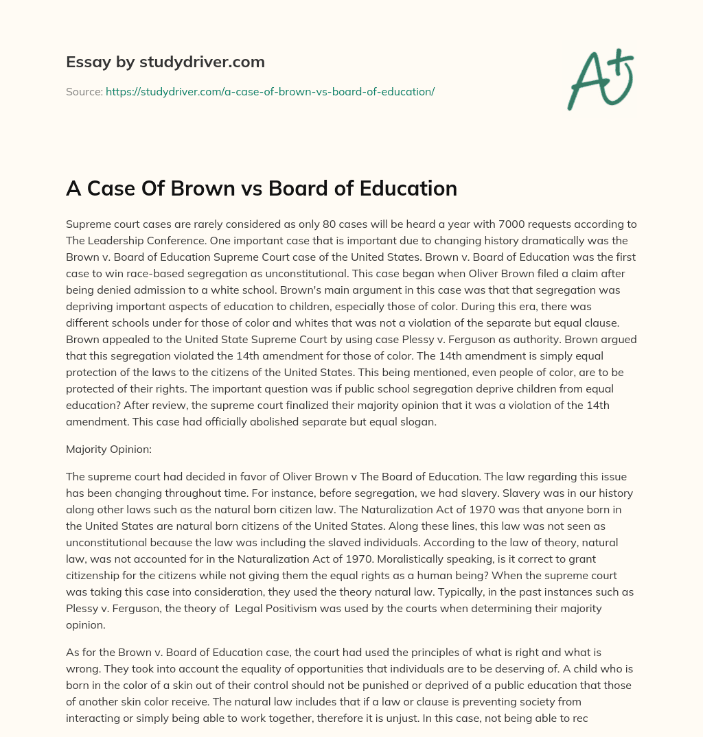 A Case of Brown Vs Board of Education essay