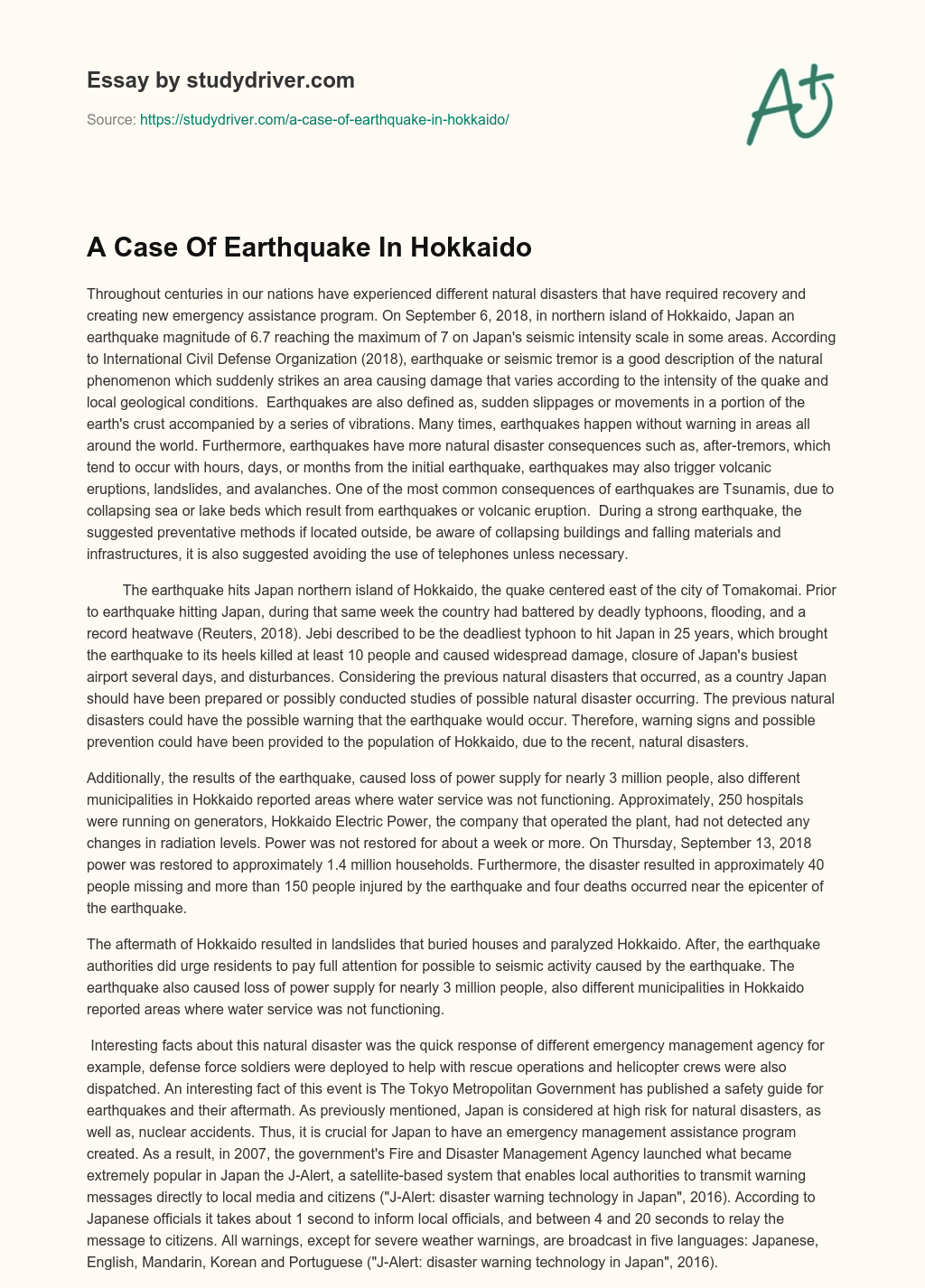 A Case of Earthquake in Hokkaido essay