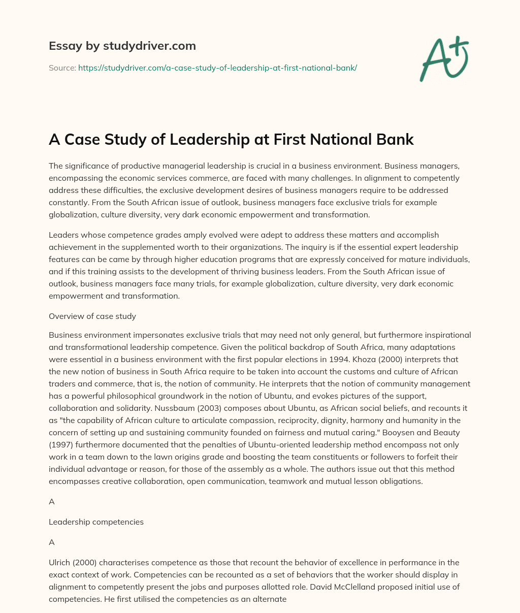 A Case Study of Leadership at First National Bank essay