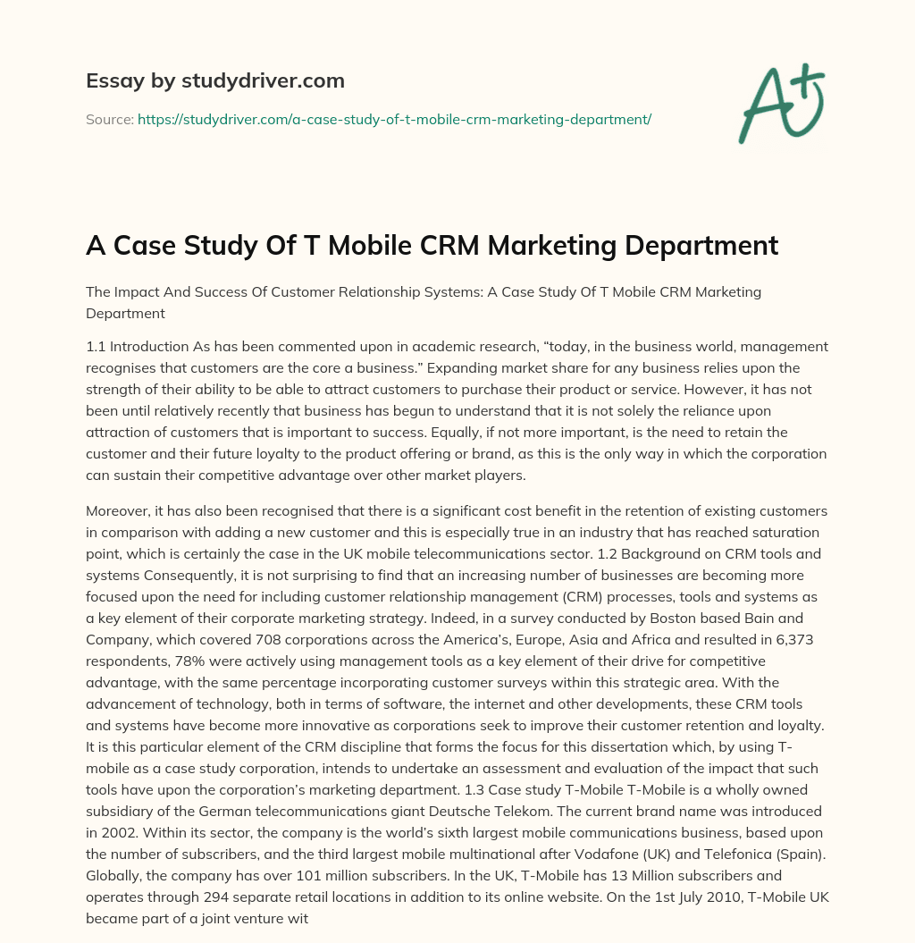 A Case Study of T Mobile CRM Marketing Department essay