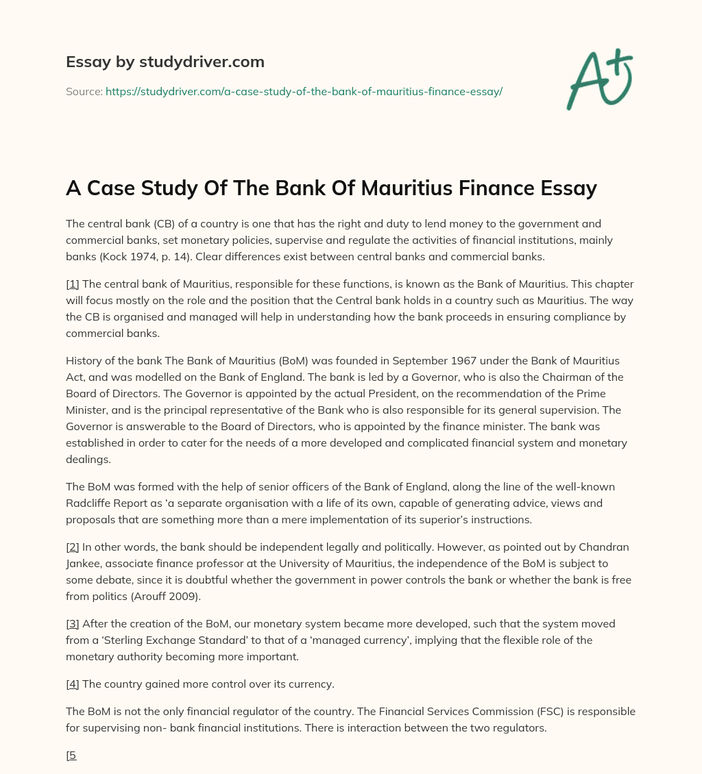 A Case Study of the Bank of Mauritius Finance Essay essay