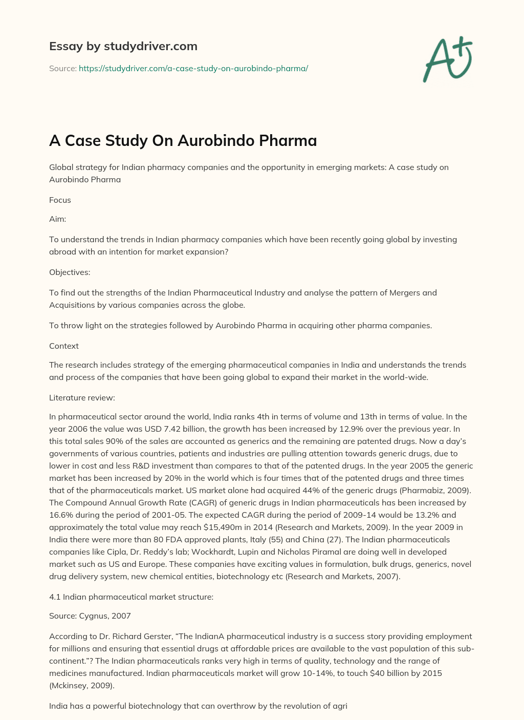 A Case Study on Aurobindo Pharma essay