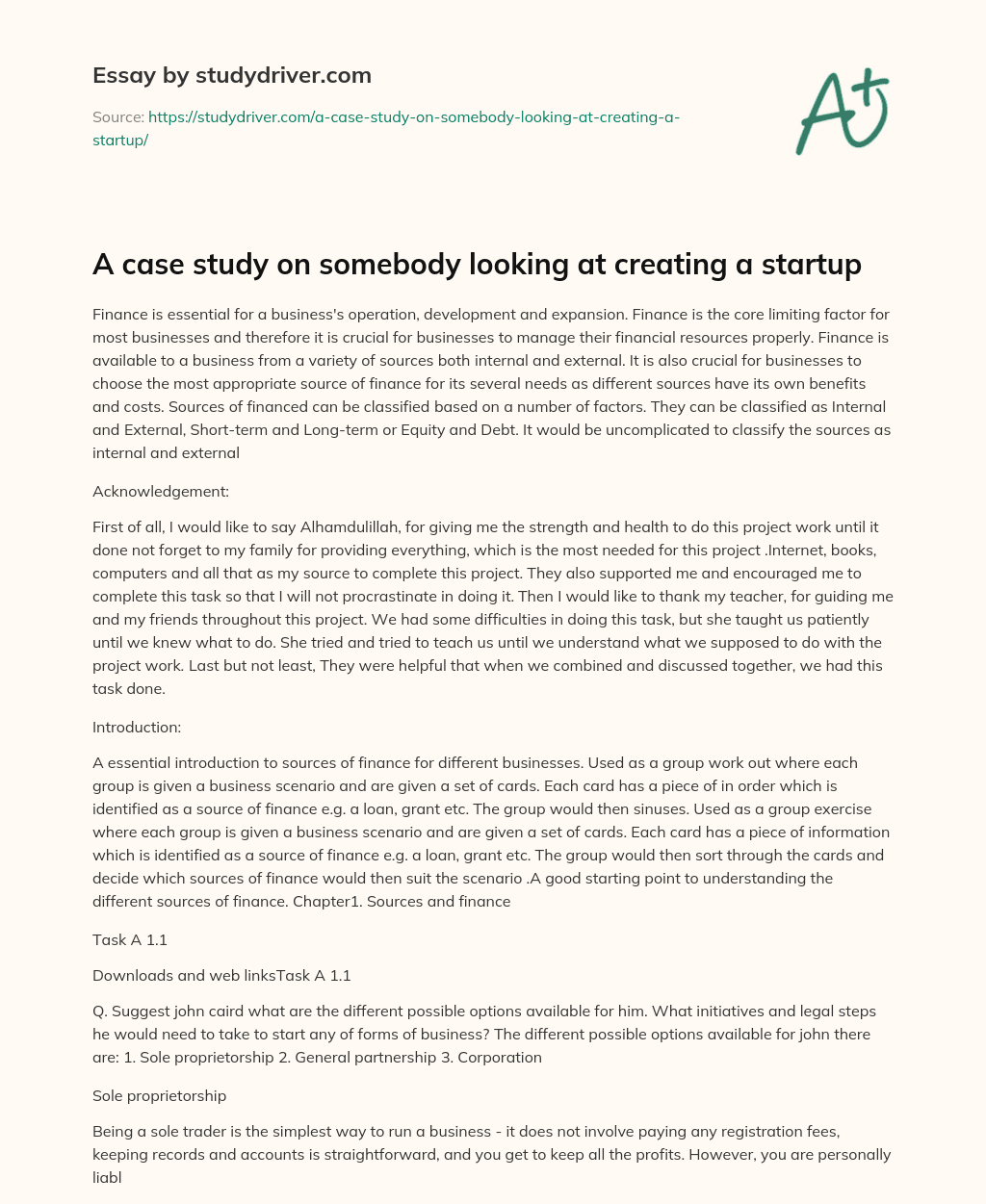 A Case Study on Somebody Looking at Creating a Startup essay