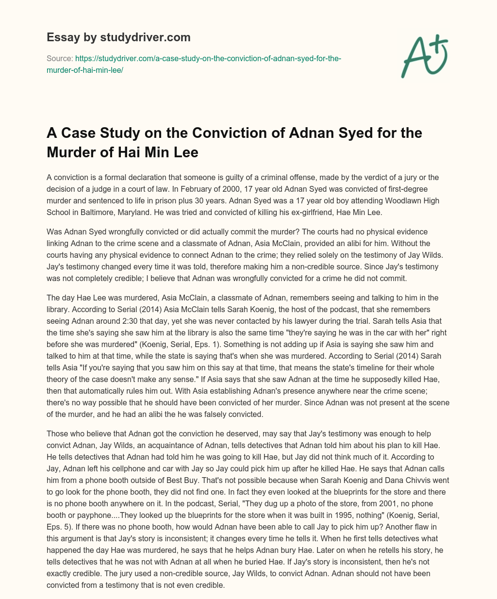 A Case Study on the Conviction of Adnan Syed for the Murder of Hai Min Lee essay