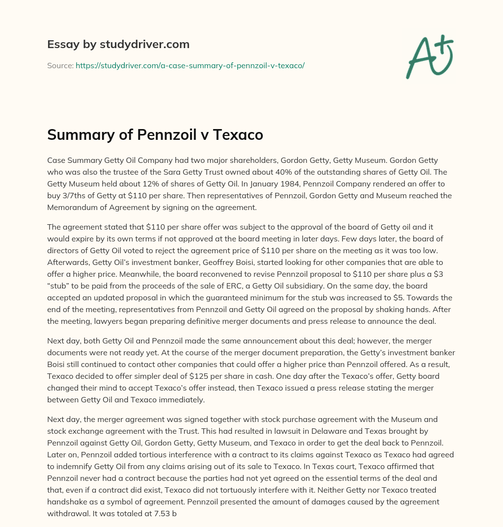 Summary of Pennzoil V Texaco essay