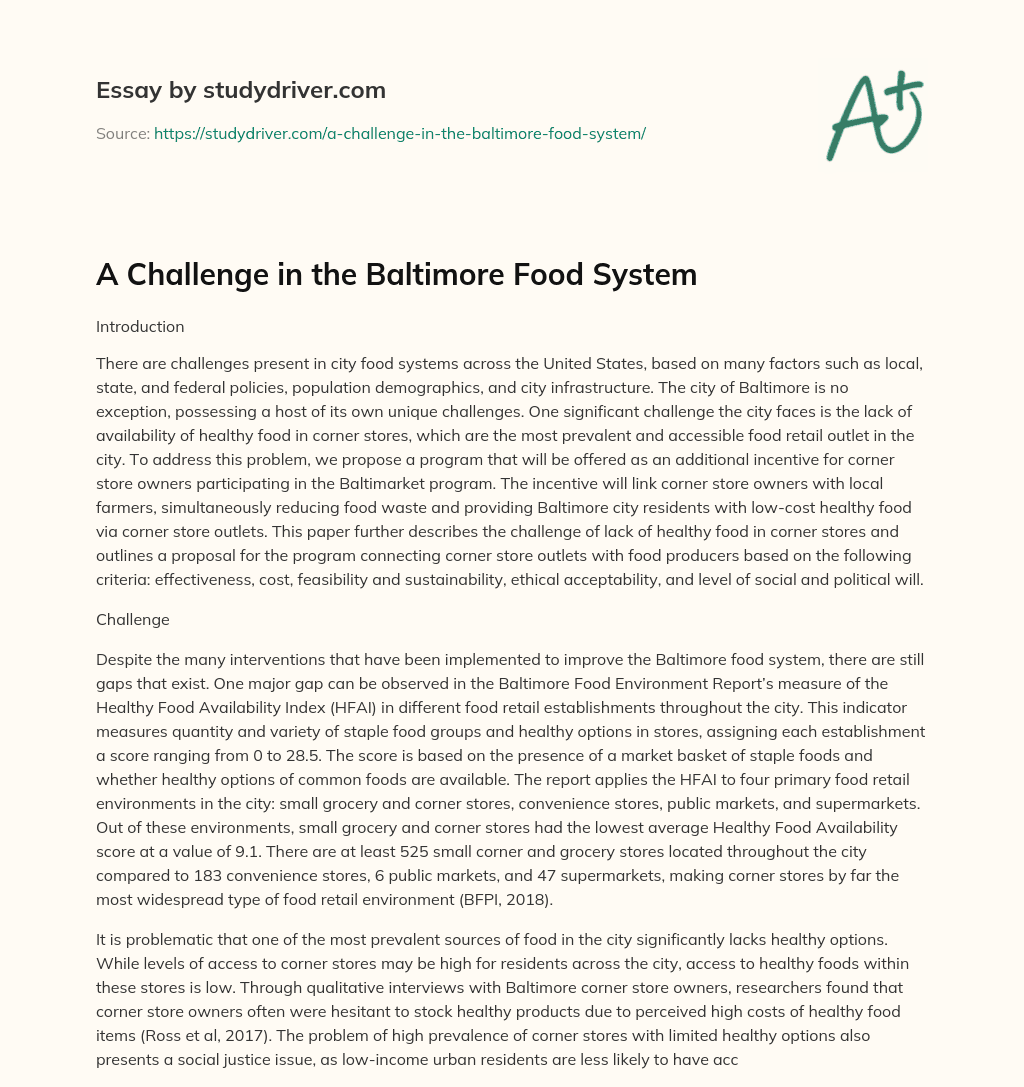 A Challenge in the Baltimore Food System essay