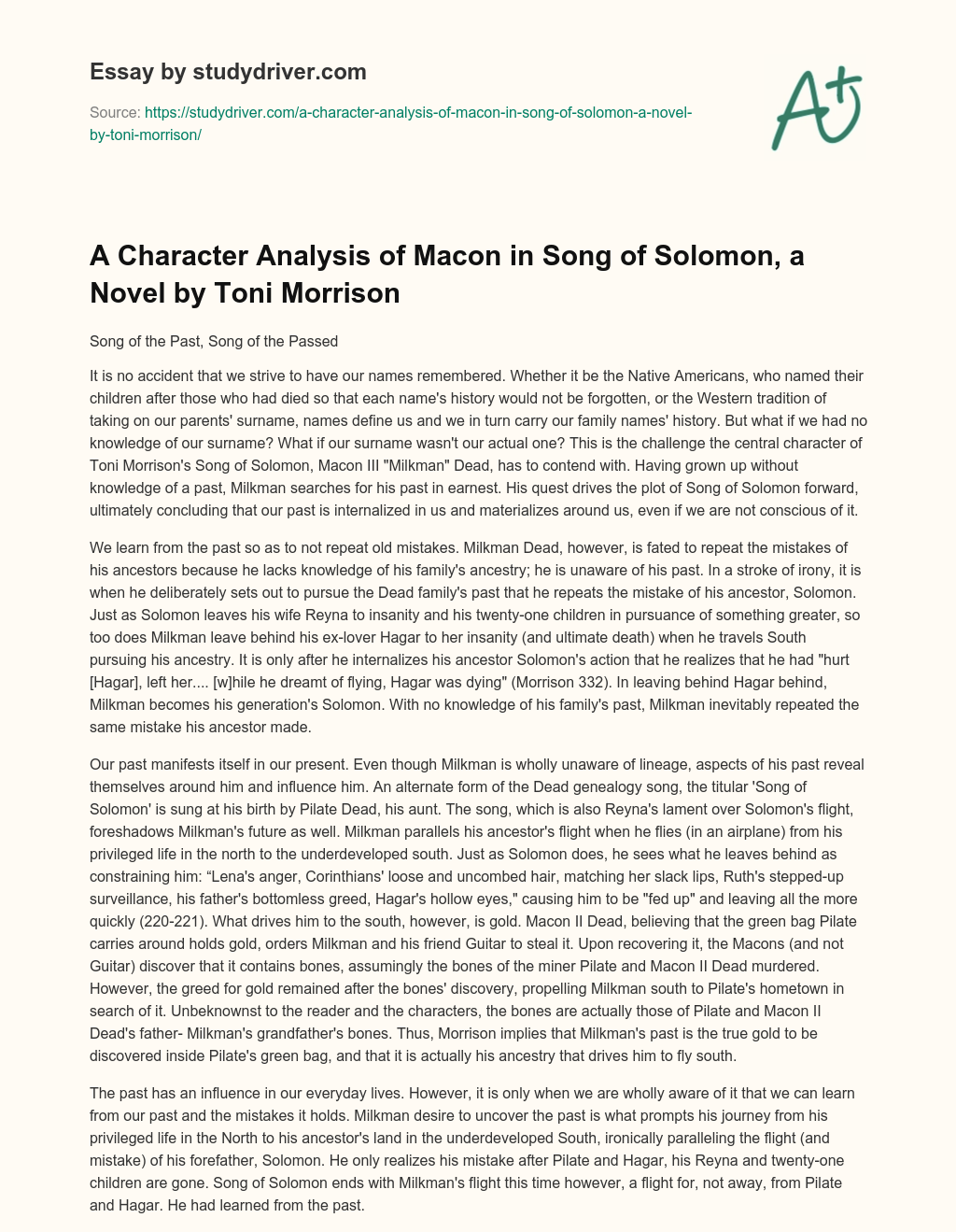 A Character Analysis of Macon in Song of Solomon, a Novel by Toni Morrison essay