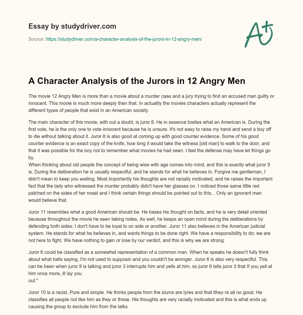 A Character Analysis of the Jurors in 12 Angry Men essay