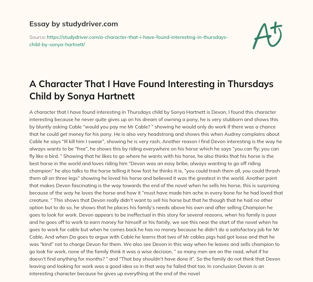 A Character that i have Found Interesting in Thursdays Child by Sonya Hartnett essay