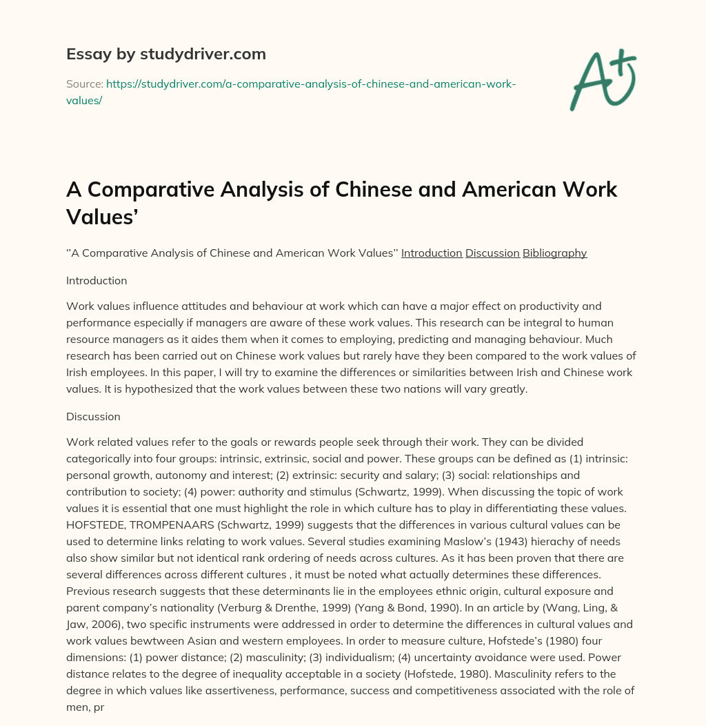 A Comparative Analysis of Chinese and American Work Values’ essay