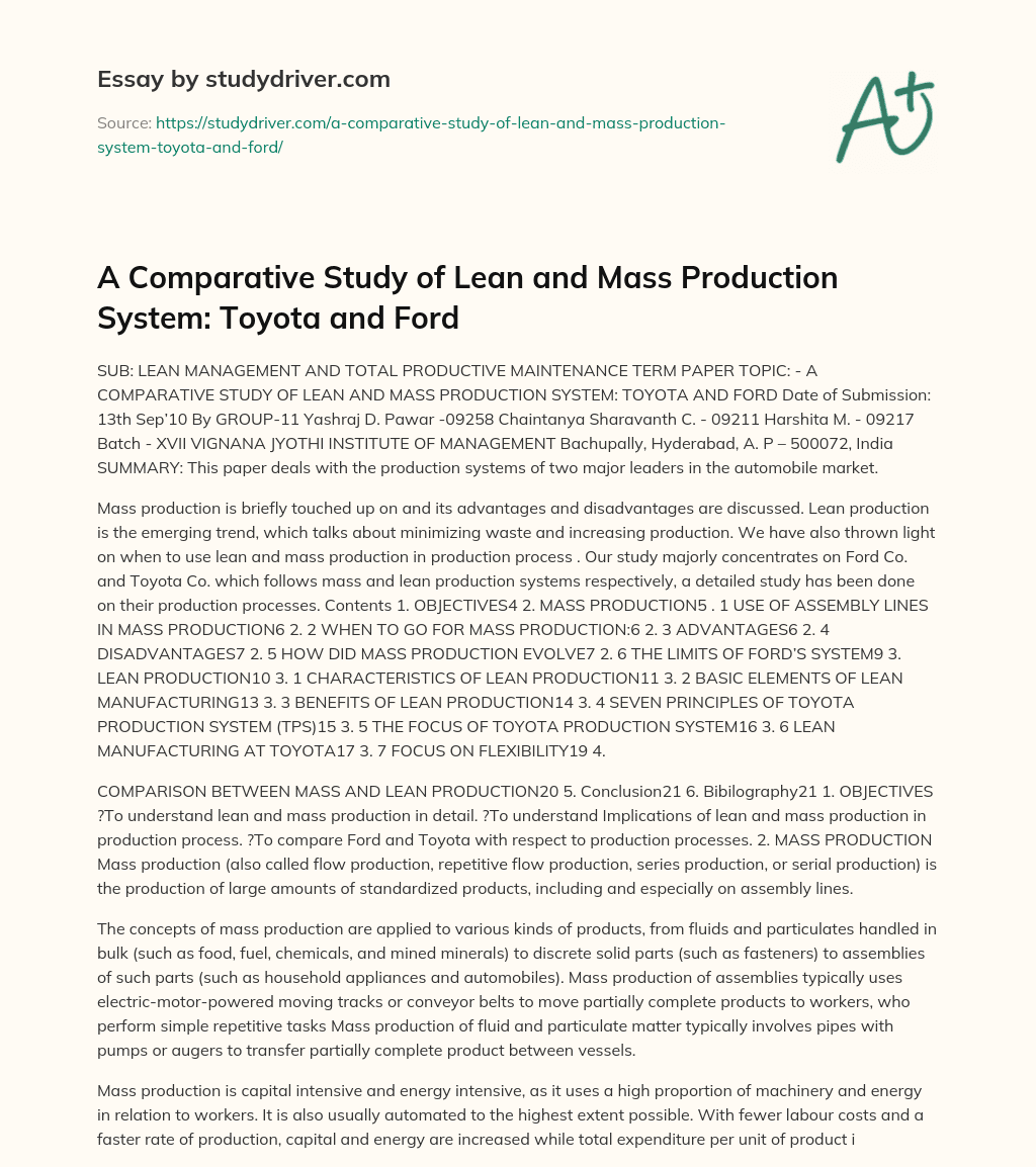A Comparative Study of Lean and Mass Production System: Toyota and Ford essay
