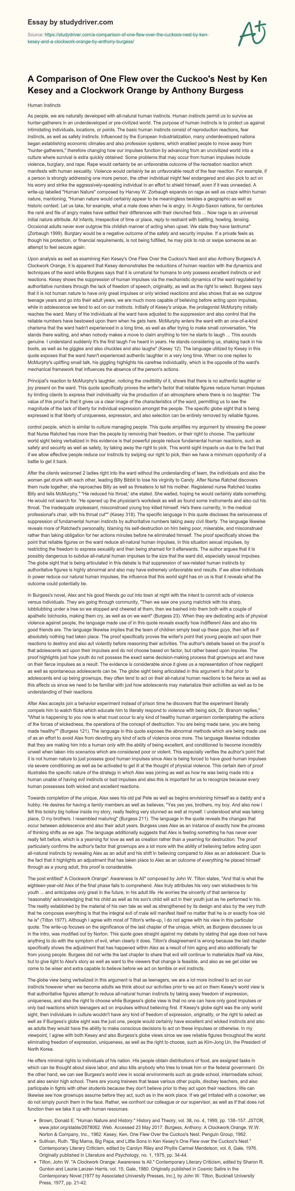 A Comparison of One Flew over the Cuckoo’s Nest by Ken Kesey and a Clockwork Orange by Anthony Burgess essay