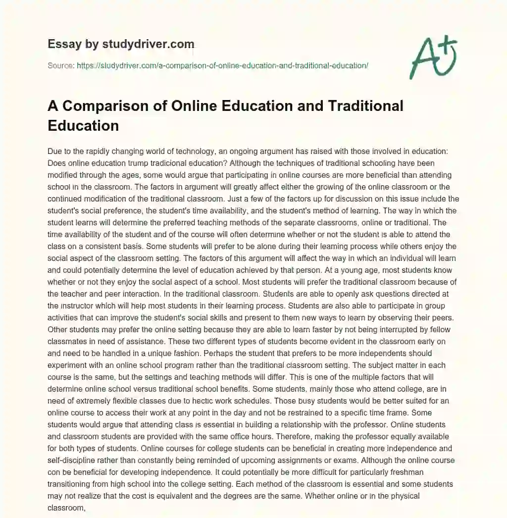 A Comparison of Online Education and Traditional Education essay