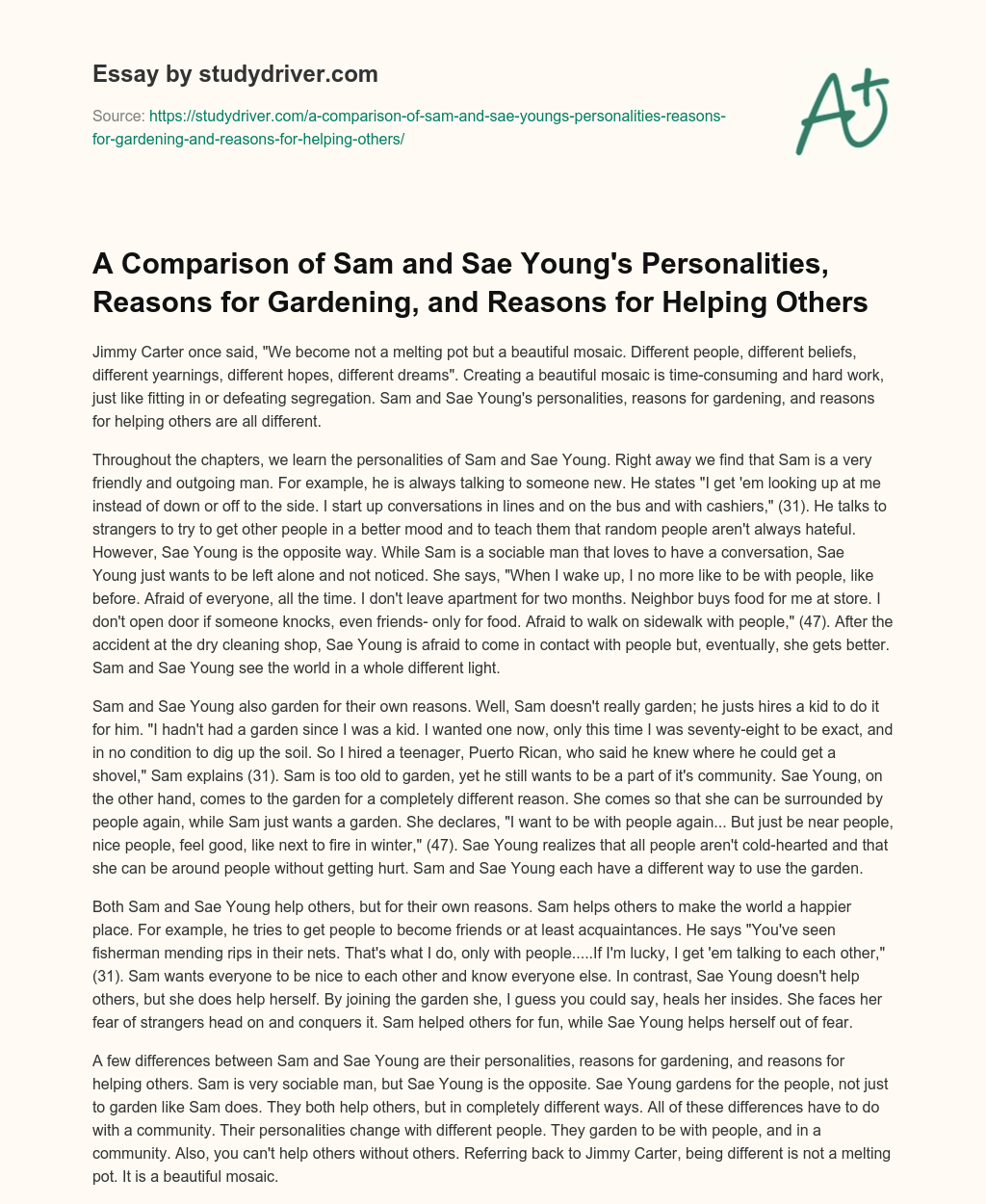 A Comparison of Sam and Sae Young’s Personalities, Reasons for Gardening, and Reasons for Helping Others essay