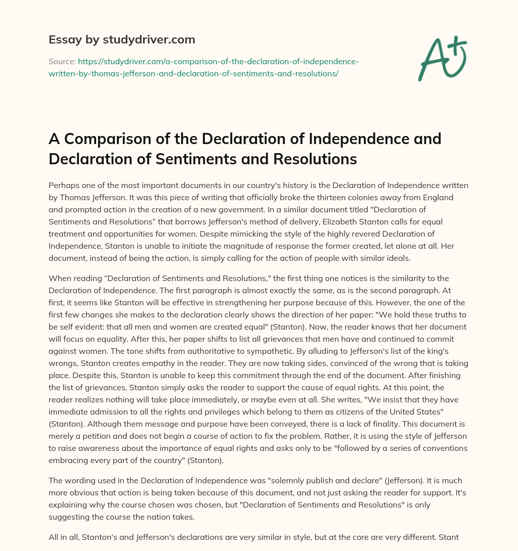 A Comparison of the Declaration of Independence and Declaration of Sentiments and Resolutions essay