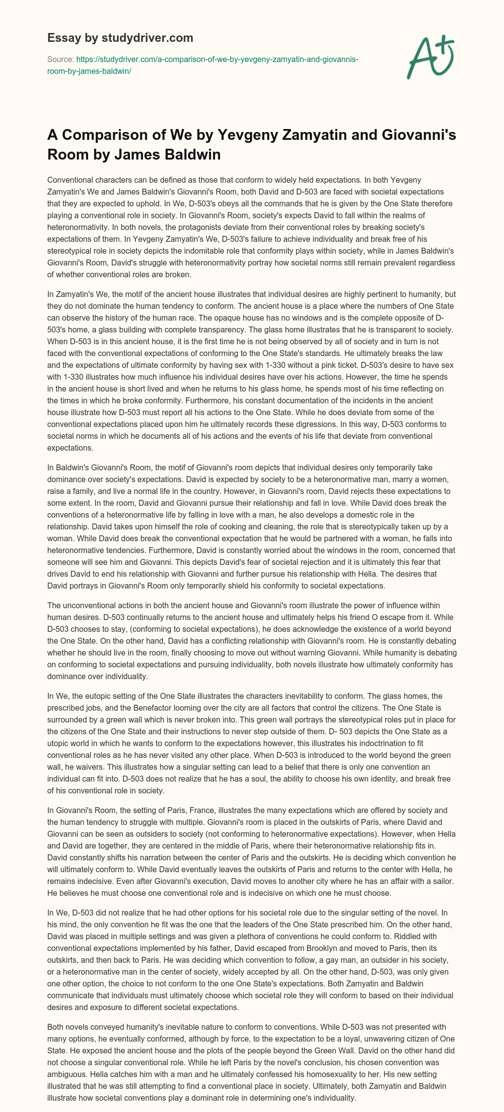 A Comparison of we by Yevgeny Zamyatin and Giovanni’s Room by James Baldwin essay