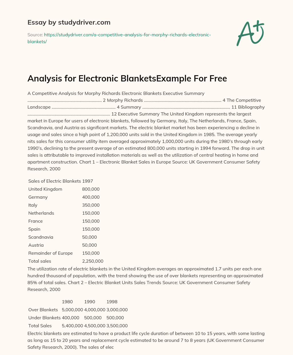 Analysis for  Electronic BlanketsExample for Free essay
