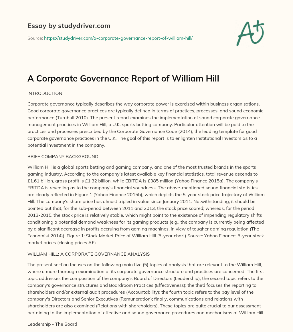 A Corporate Governance Report of William Hill essay