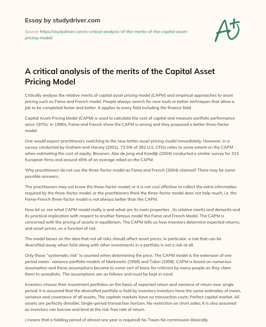 A Critical Analysis of the Merits of the Capital Asset Pricing Model essay