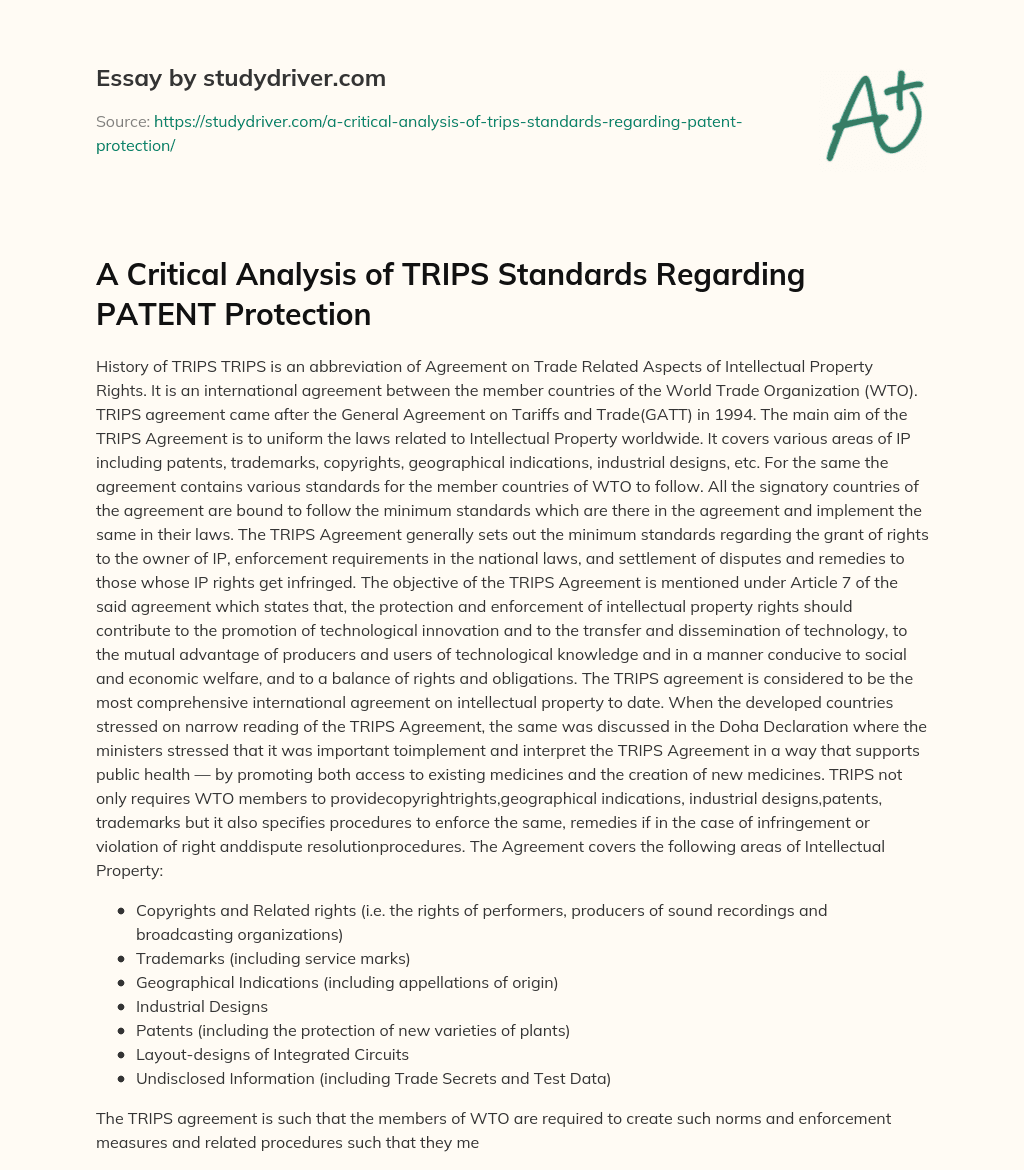 A Critical Analysis of TRIPS Standards Regarding PATENT Protection essay