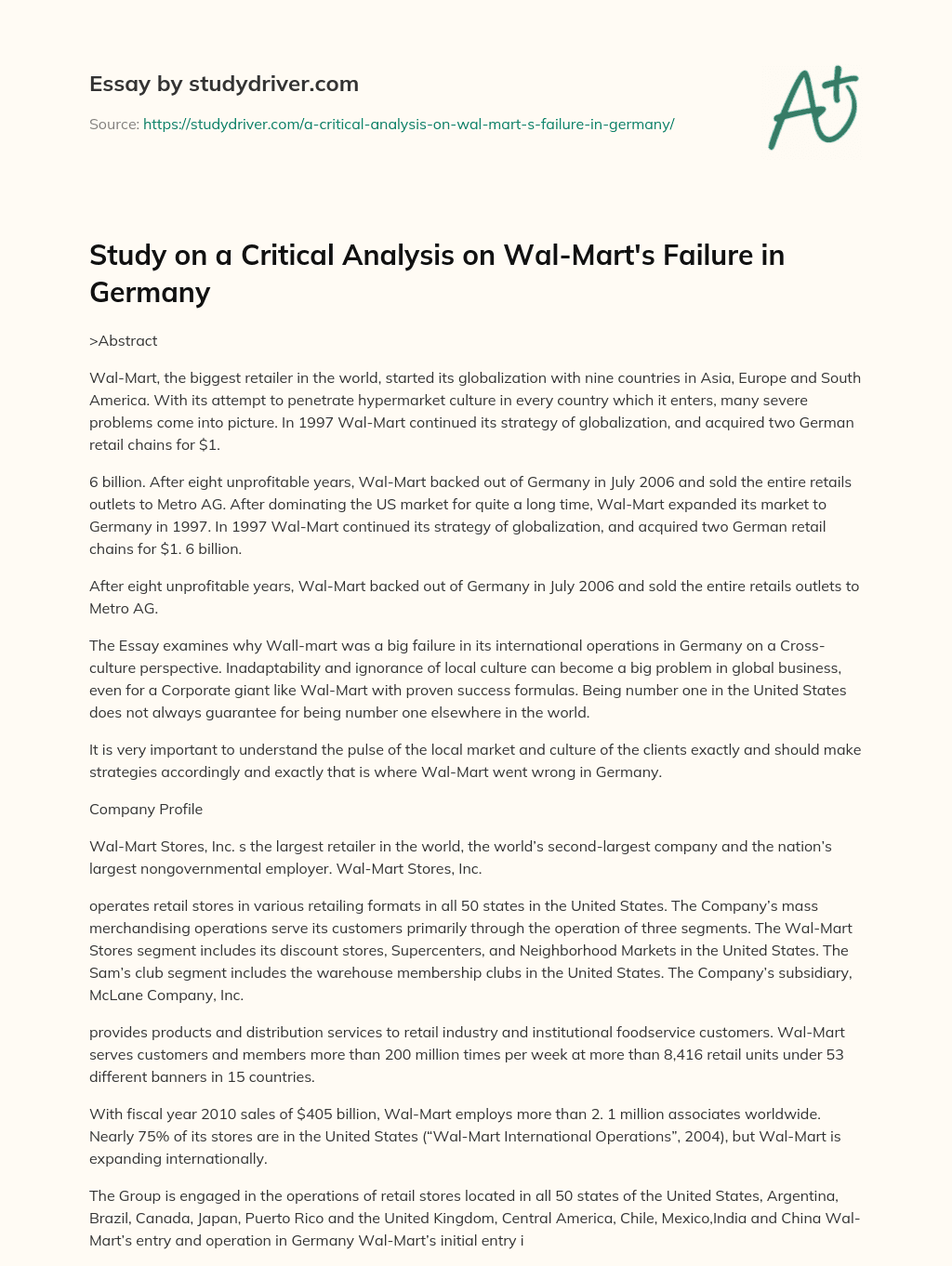 Study on a  Critical Analysis on Wal-Mart’s Failure in Germany essay