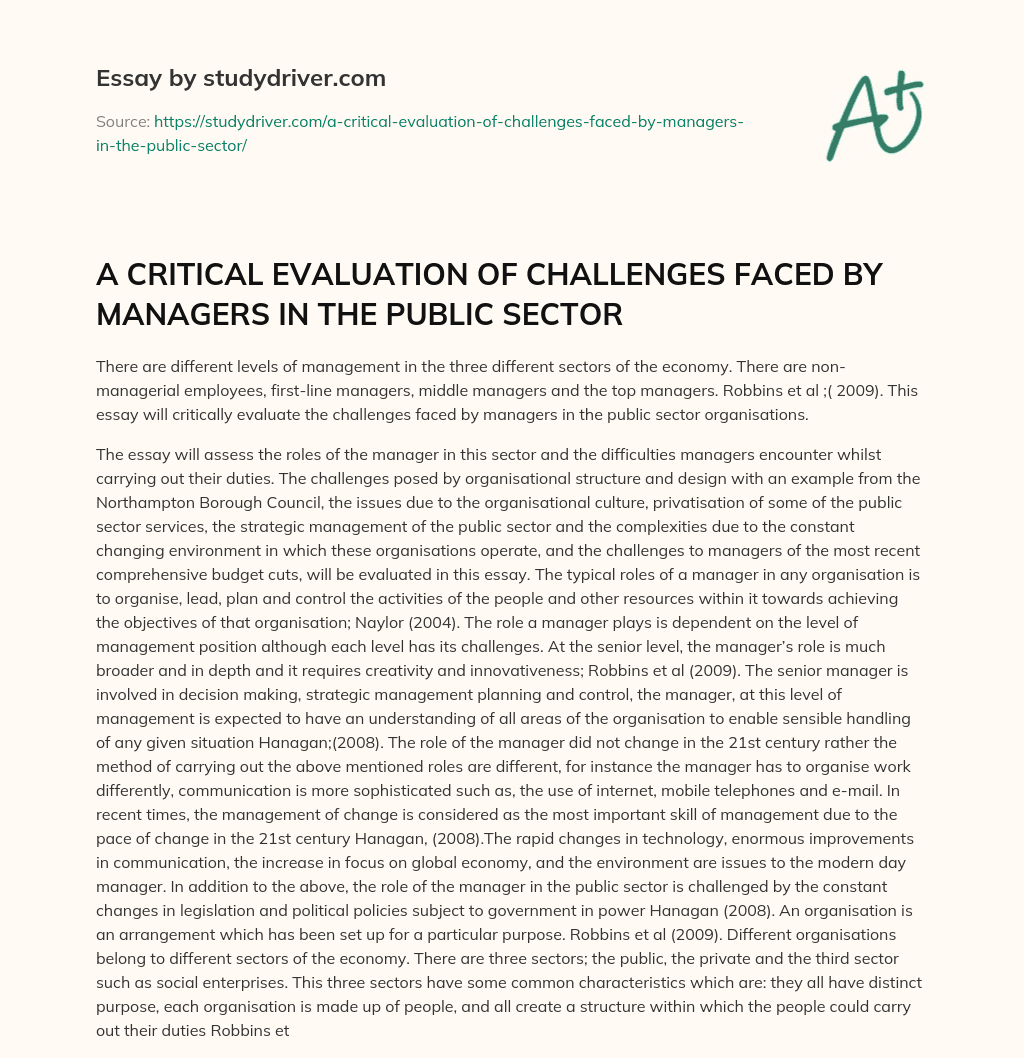 A CRITICAL EVALUATION of CHALLENGES FACED by MANAGERS in the PUBLIC SECTOR essay