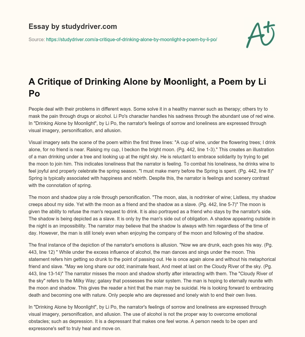 A Critique of Drinking Alone by Moonlight, a Poem by Li Po essay