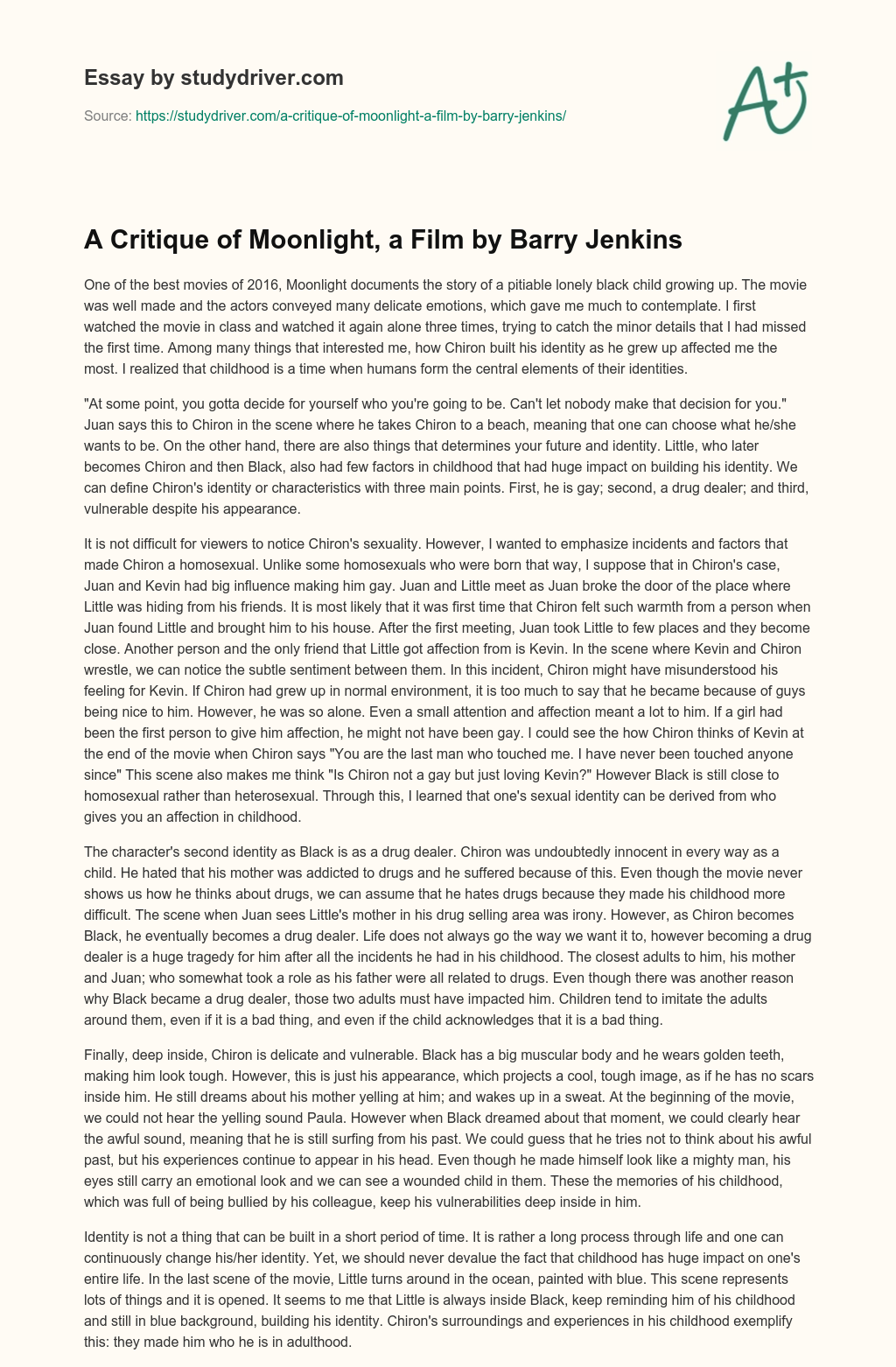 A Critique of Moonlight, a Film by Barry Jenkins essay