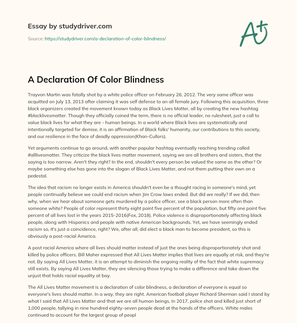 A Declaration of Color Blindness essay