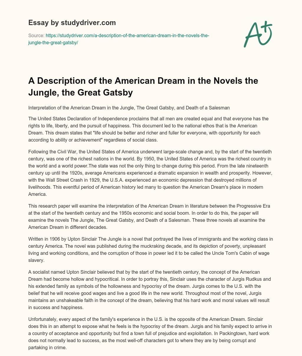 A Description of the American Dream in the Novels the Jungle, the Great Gatsby essay