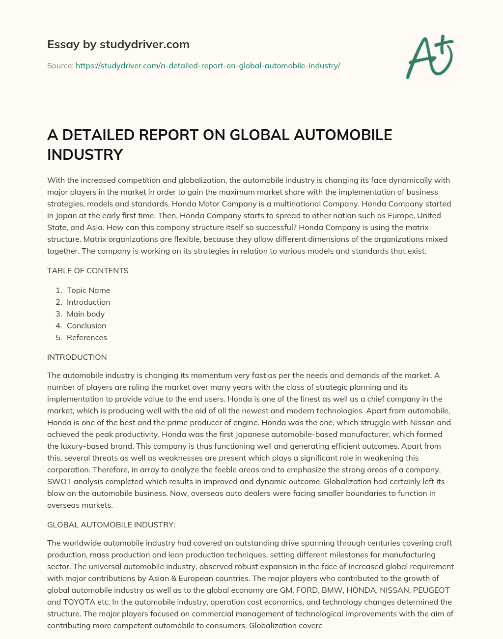 A DETAILED REPORT on GLOBAL AUTOMOBILE INDUSTRY essay