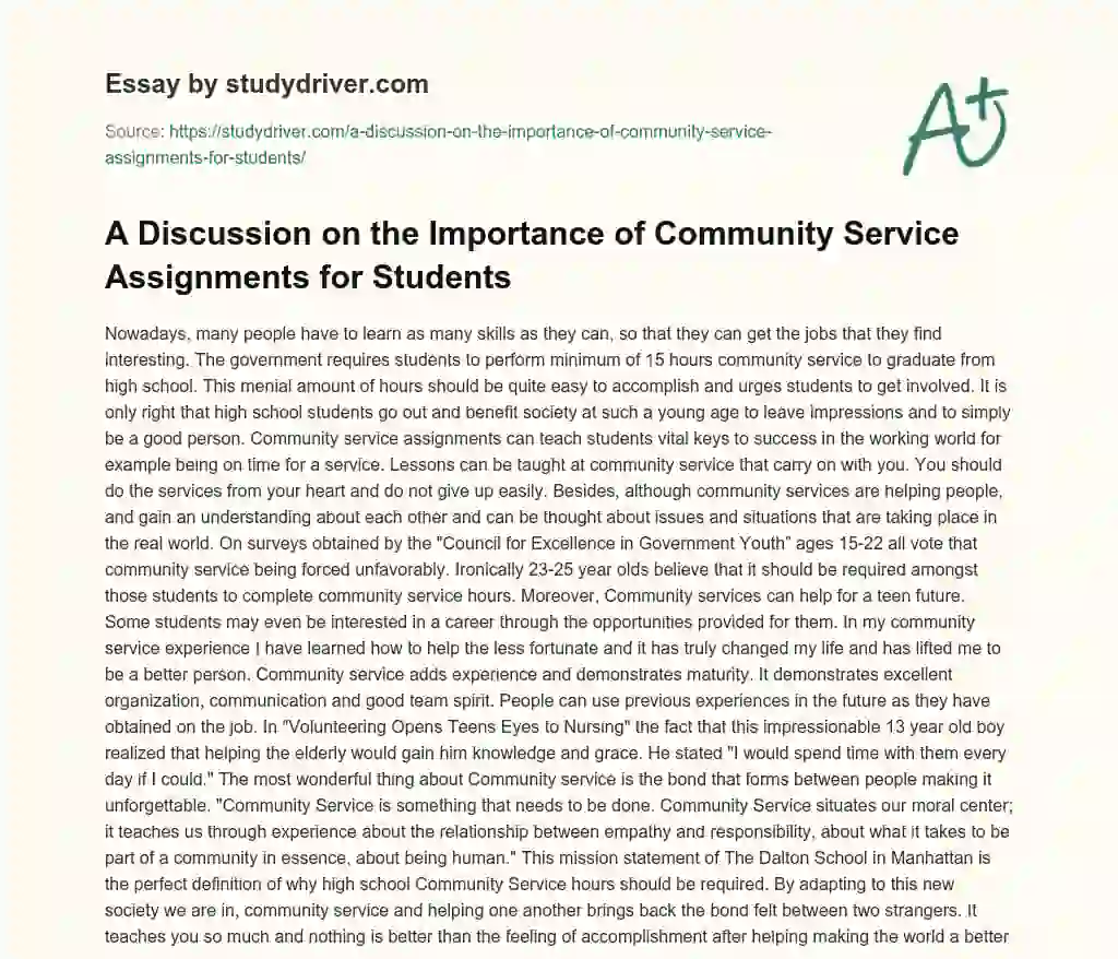 A Discussion on the Importance of Community Service Assignments for Students essay