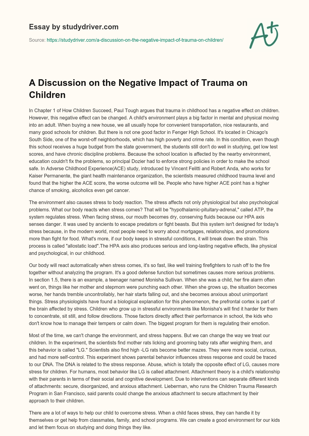 A Discussion on the Negative Impact of Trauma on Children essay