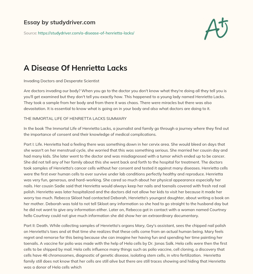 A Disease of Henrietta Lacks essay