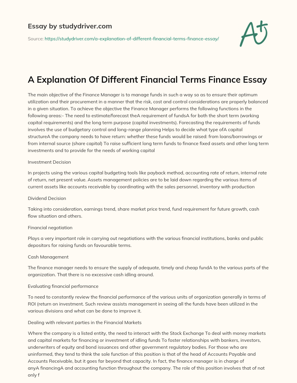A Explanation of Different Financial Terms Finance Essay essay