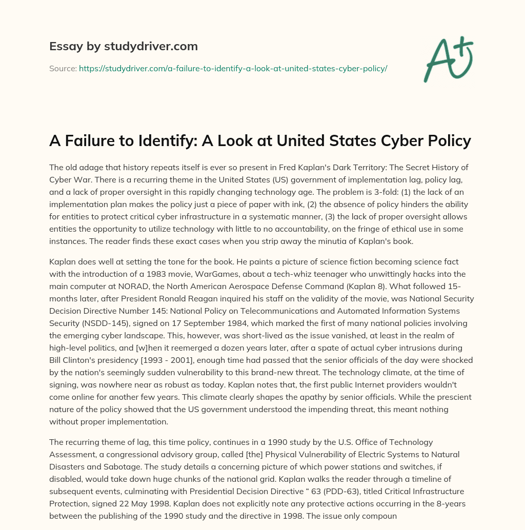 A Failure to Identify: a Look at United States Cyber Policy essay