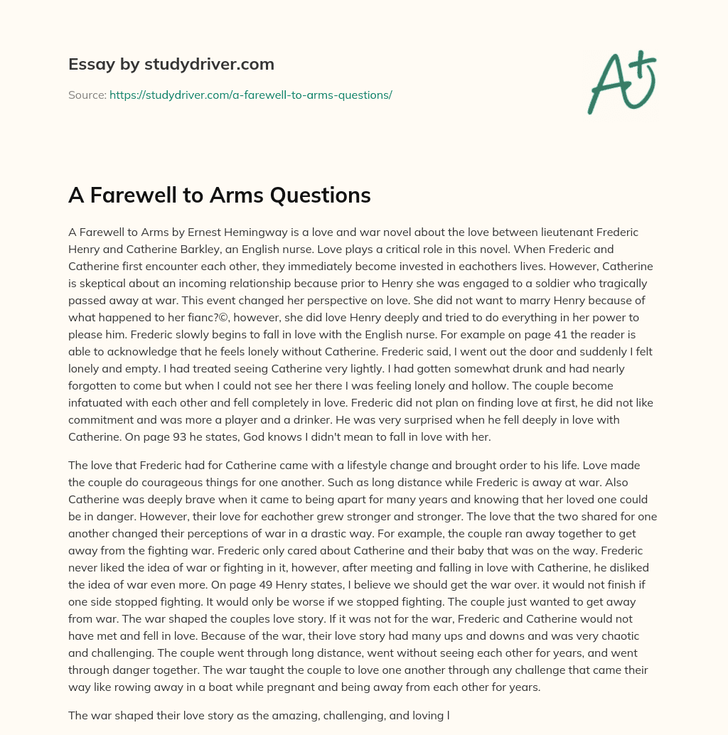 A Farewell to Arms Questions essay