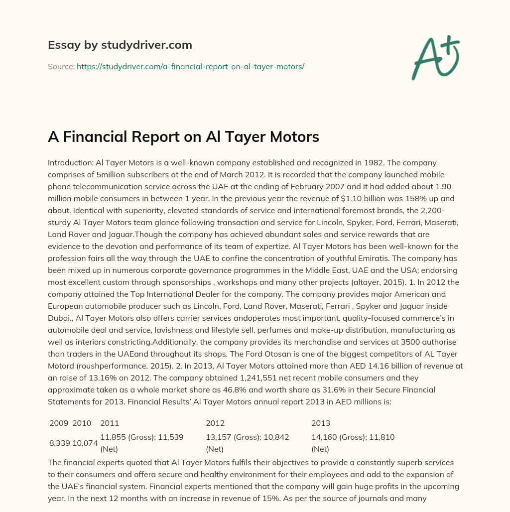 A Financial Report on Al Tayer Motors essay